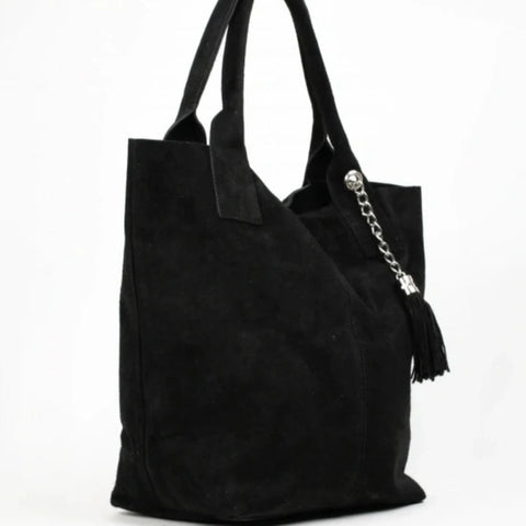 Bolso Tote de Piel Negra con Detalle de Cadena y Borla