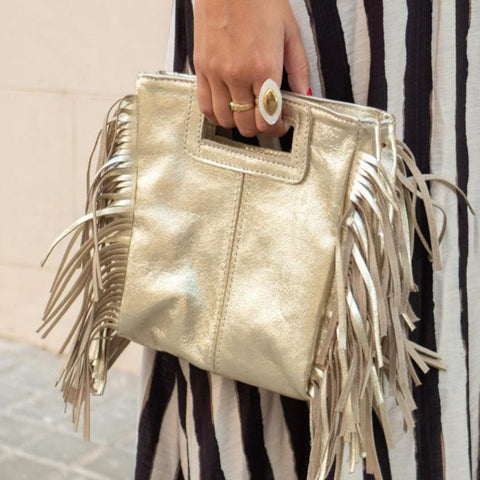 Bolso de Piel Metalizado Dorado con Flecos