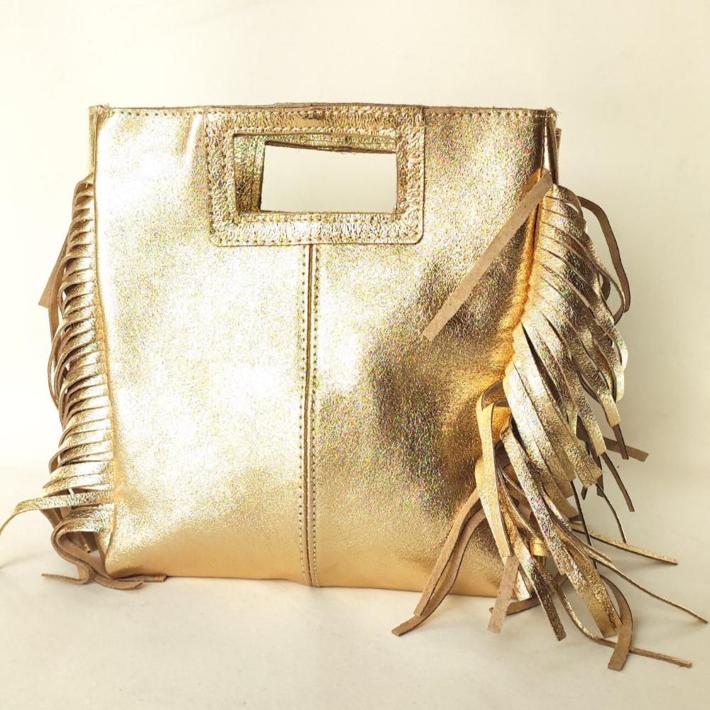 Bolso de Piel Metalizado Dorado con Flecos